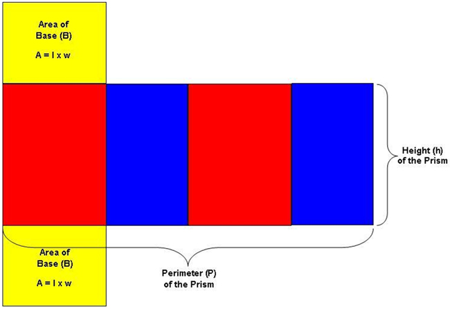 The net of the prism has the perimeter of the base and height of the prism labeled.