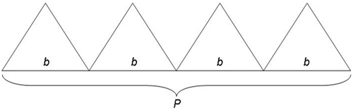 Four triangles lined up along their bases to show that the sum of the bases is equal to the perimeter of the base of the pyramid.