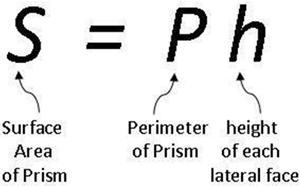 Each variable in the surface area formula is identified.