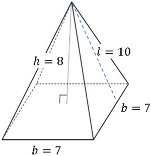 square pyramid with base edge length of 7, height of 8, and slant height of 10