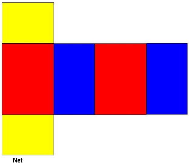 The net contains six rectangles: two yellow, two red, and two blue.