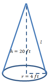 Cone: r=4 ft, h=20 ft