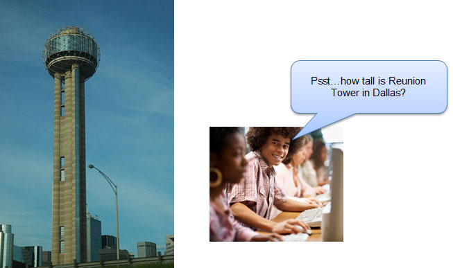 student asking how tall is Reunion Tower in Dallas and an image of Reunion Tower in Dallas, Texas