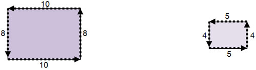 Image shows 2 rectangles. Rectangle 1 has a length of 10 and width of 8. Rectangle 2 has a length of 5 and a width of 4.