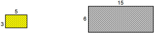 Image shows 2 rectangle. Rectangle 1 has a length of 5 and a width of 3. Rectangle 2 has a length of 15 and a width of 6.