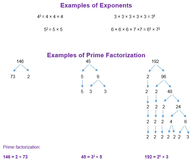 Examples of exponents (i.e. 4 to the third power equals 4 times 4 times 4) and examples of prime factorization (i.e. 45 reduces to 5 times 9, then 5 times 3 times 3)