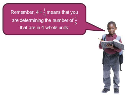 4 divided by one-fifth means that you are determining the number of one-fifths that are in 4 whole units