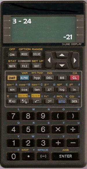 calculator showing 3 minus 24 on one line and negative 21 on the next line