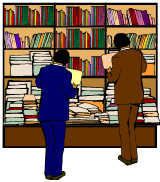 Two men, one wearing a blue suit and one wearing a brown suit, facing away from the viewer and reading books while standing in front of a bookshelf that is well organized on the top yet very disorganized on the bottom.