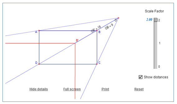 screen shot of the interactive sketch with Point O moved above and to the right of Point B