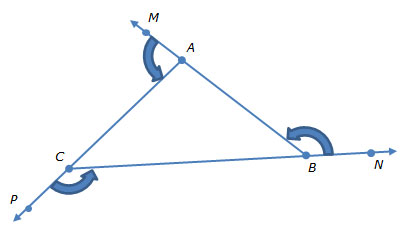 Image of triangle ABC with three exterior angles labeled