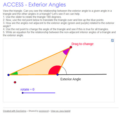 Image of interactive investigating the relationship between an exterior angle of a triangle and the two opposite, or remote, interior angles