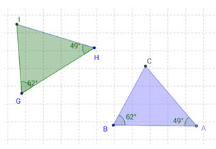 Two triangles with one pair of corresponding angles measuring 62 degrees and another pair of corresponding angles measuring 49 degrees