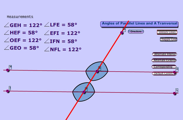 Image of an interactive that  identifies alternate interior, alternate exterior, and corresponding angles.