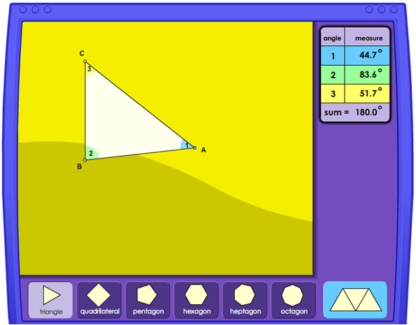 Image of an interactive that calculates the sum of the interior angles of a triangle