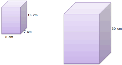 Two similar prisms with dimensions labeled
