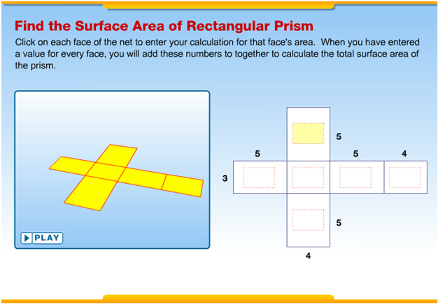 Image of the interactive website to find the surface area of rectangular prisms