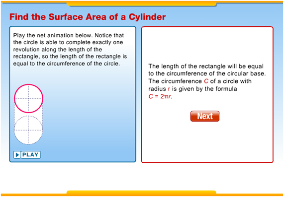 Image of the interactive website to find the surface area of a cylinder