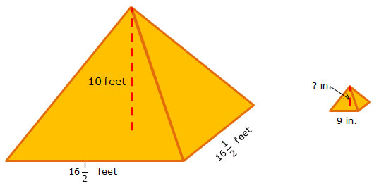 Large pyramid and small pyramid with dimensions labeled