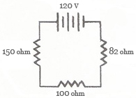 series circuit with three resistors: 150 ohms, 100 ohms, and 82 ohms