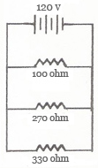 parallel circuit with three resistors: 100 ohms, 270 ohms, and 330 ohms