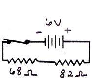 series circuit with a 6 volt battery, a 68 ohm resistor and an 82 ohm resistor