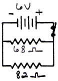 parallel circuit with a 6 volt battery, a 68 ohm resistor and an 82 ohm resistor