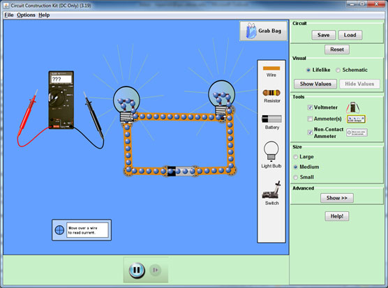 screenshot from simulation showing two light bulbs connected in series with a battery