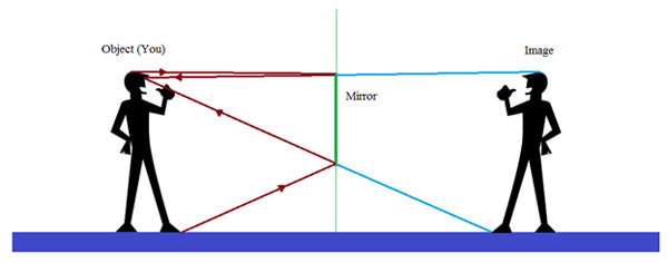 ray diagram showing minimum size requirement for a mirror for someone to see their entire image