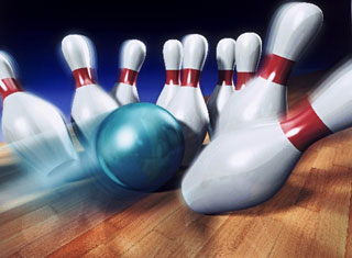 Image is of a bowling ball knocking down bowling pins