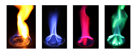 4 images of flames burning and each flame is a different color.