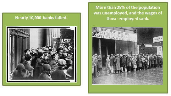 image of police officers facing a huge crowd in front of a closed bank and another Image of a line of men waiting outside of a building