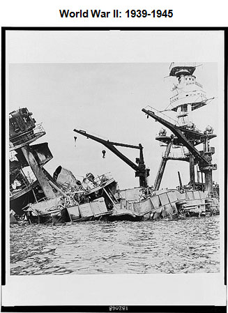 : Image of the wreckage of the USS Arizona in the water off Pearl harbor