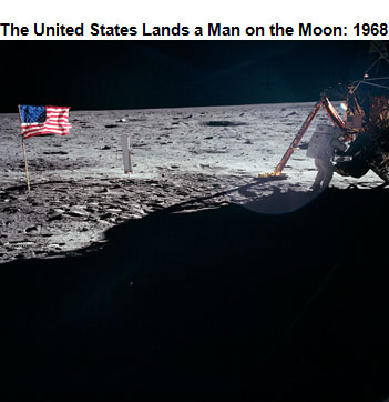 Image of Neil Armstrong on the moon, an American flag is in the foreground