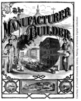 Image of a poster titled Manufacturer Builder. The poster illustrates scenes of factories and workers.