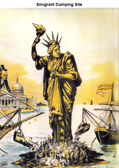 Image of a cartoon featuring the statue of Liberty frowning as ships are dumping immigrants onto her island