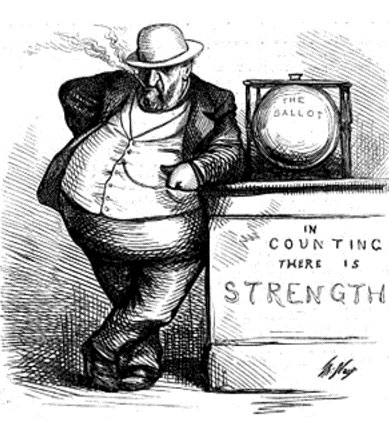 Cartoon of Boss Marcy Tweed, leaning against a ballot box