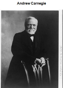 Portrait of Andrew Carnegie standing behind a chair
