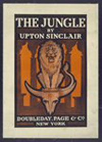 Image of Poster advertising book by Upton Sinclair, showing lion standing on skull of steer.