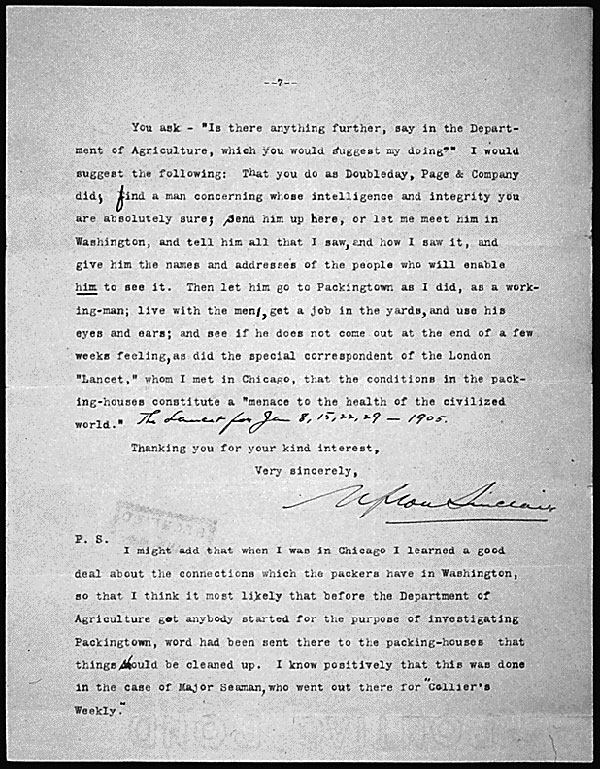 Image of page seven of a typed letter from Upton Sinclair to President Theodore Roosevelt.