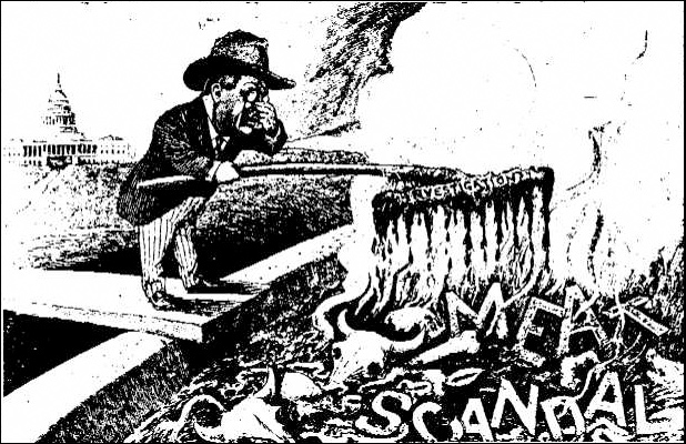 Image of a political cartoon featuring Theodore Roosevelt (holding his nose) standing on the edge of a plank holding a rake that is labeled investigations. The end of the rake is dripping into a murky pool of carcasses of steers; there are bones in the pool, and the terms 'meat' and 'scandal' are in the pool. The pool appears to be giving of vapors as steam can be seen. The White House is in the background. 