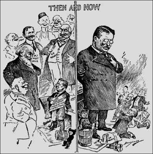 Image of a political cartoon with two scenes. The cartoon is labeled 'Then and Now'. On the left side there is a scene of a small Theodore Roosevelt who is surrounded by large men who are labeled as some of the large corporations. On the right, there is a large Theodore Roosevelt and the businessmen are much smaller than he is and they are on their knees before him.