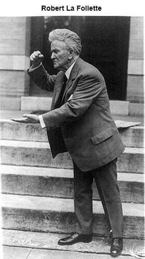 Image of Robert LaFollette standing on steps, pounding his fist in his hand