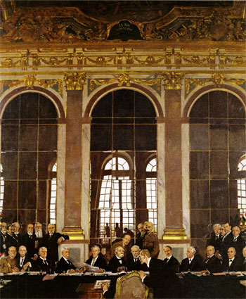 : Image of several men both seated and standing around a long table. Those seated are signing papers. The high walls above them are covered with mirrors.