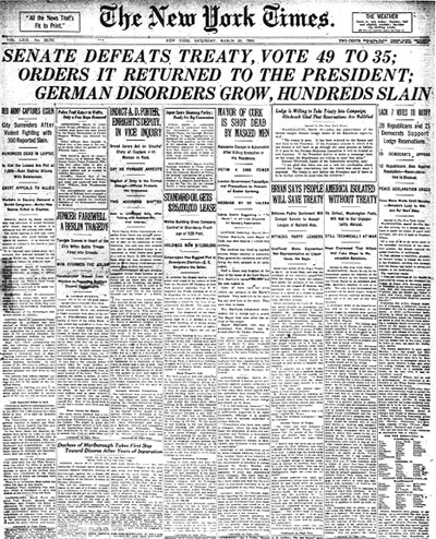  Image of the headline of the New York Times. Titled: Senate Defeats Treaty, Vote 49 to 35; Orders It Returned To The President; German disorders Grow, Hundreds Slain