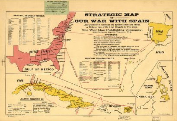 Image of a U.S. Strategic Map used to plan the war with Spain. It illustrates the Atlantic and Gulf of Mexico borders of the Unites States; Cuba and Puerto Rico, and the Philippines.