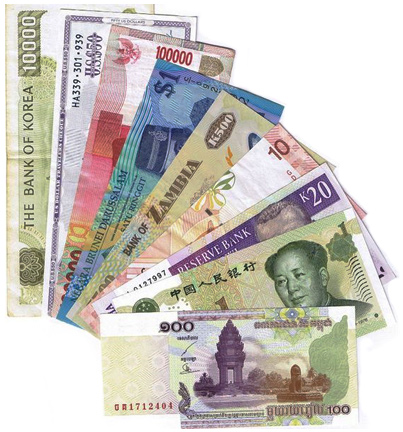 Image of various types of Asian paper currency (dollars).