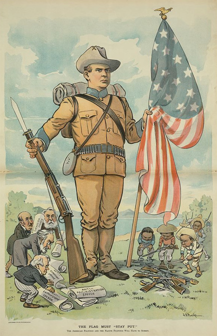 Cartoon image of George F. Hoar, Carl Schurz, David B. Hill, and former Massachusetts Governor George S. Boutwell, anti-expansionists, placing their 'Anti-Expansion Speech' at the feet of a huge American soldier holding a rifle and the American flag, while opposite them Filipinos place guns and swords at the soldier's feet.