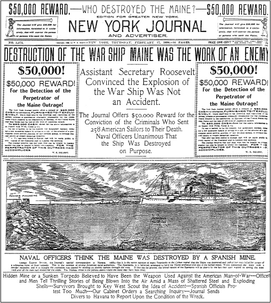Image of the front page of the New York Journal that illustrates a drawing of the USS Maine, before the explosion.