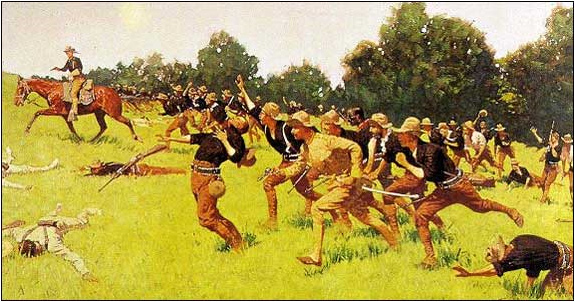 This painting depicts the Battle of San Juan Hill. The Rough Riders, including Theodore Roosevelt, are charging up a hill. Some men are on foot and others on horseback. The painting depicts the fallen Cubans as well as fallen Rough Riders.